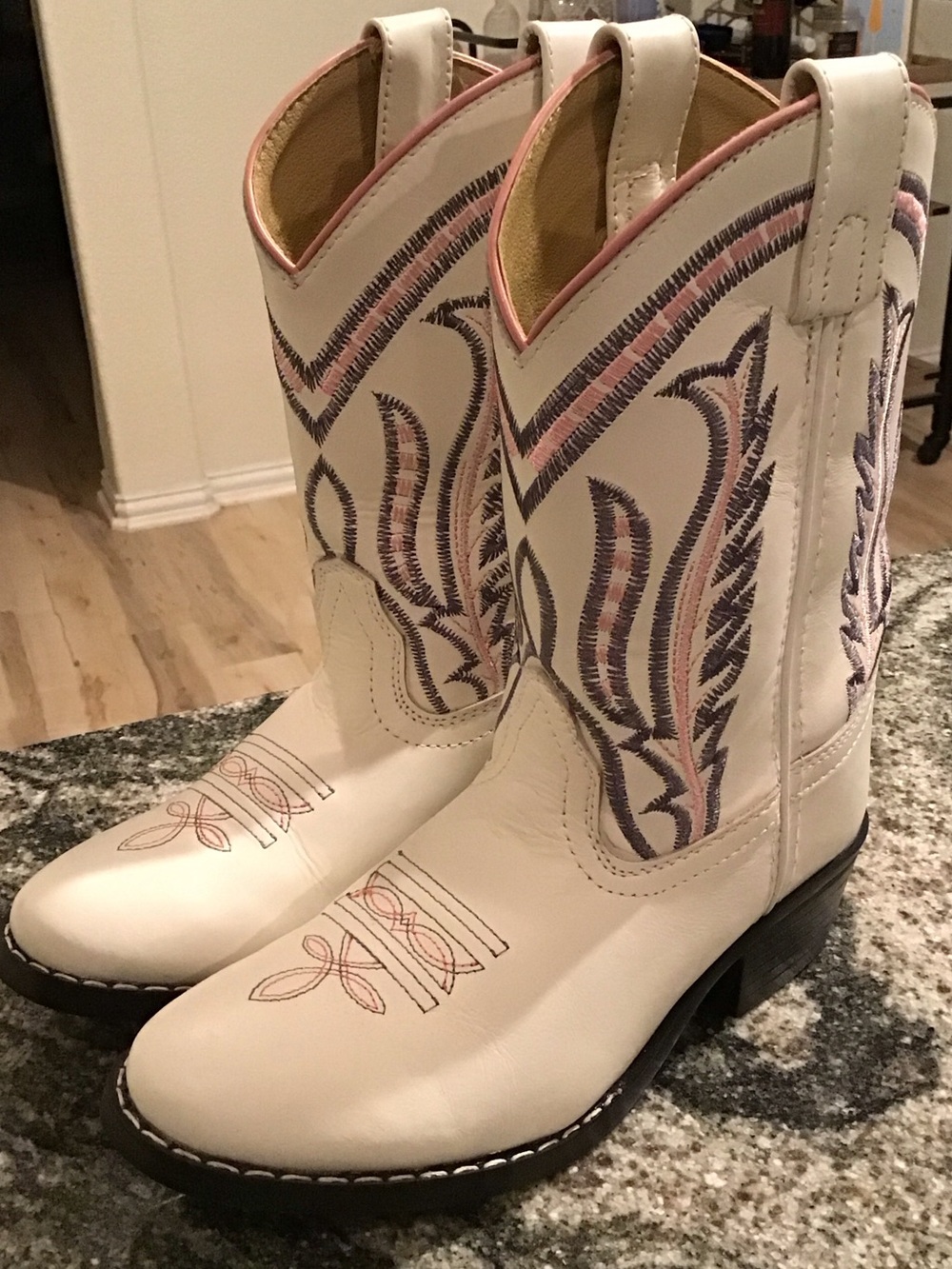 Shyanne White Kids Western Embroidered Cowboy Boots with Pink & Purple Accents